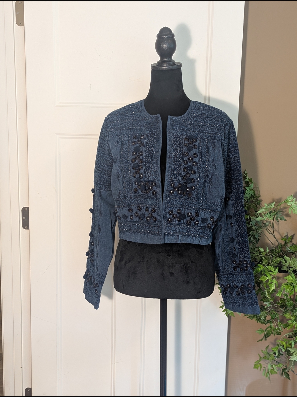 New With Tags. Soft Surroundings Indigo Blue Cropped Embellished Jacket. Sz S.